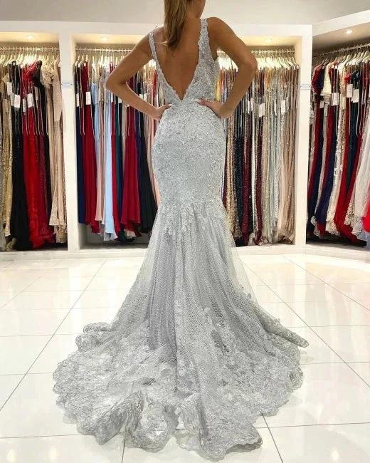 Silver Lace Long Sleeveless Mermaid Evening Dress