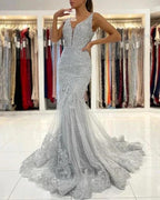 Silver Lace Long Sleeveless Mermaid Evening Dress