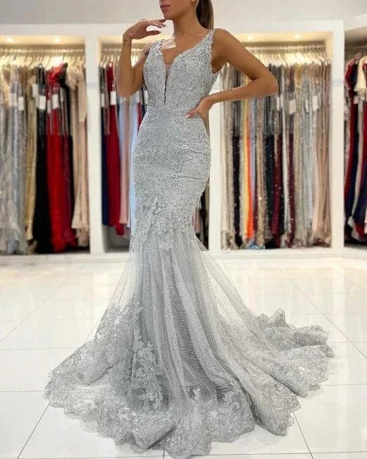 Silver Lace Long Sleeveless Mermaid Evening Dress