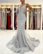 Silver Lace Long Sleeveless Mermaid Evening Dress