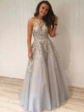 Silver Long A-line Halter Tulle Lace Formal Prom Dresses