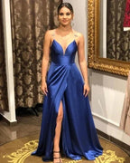 Simple A-line Long Blue Split Front Straps Evening Dress