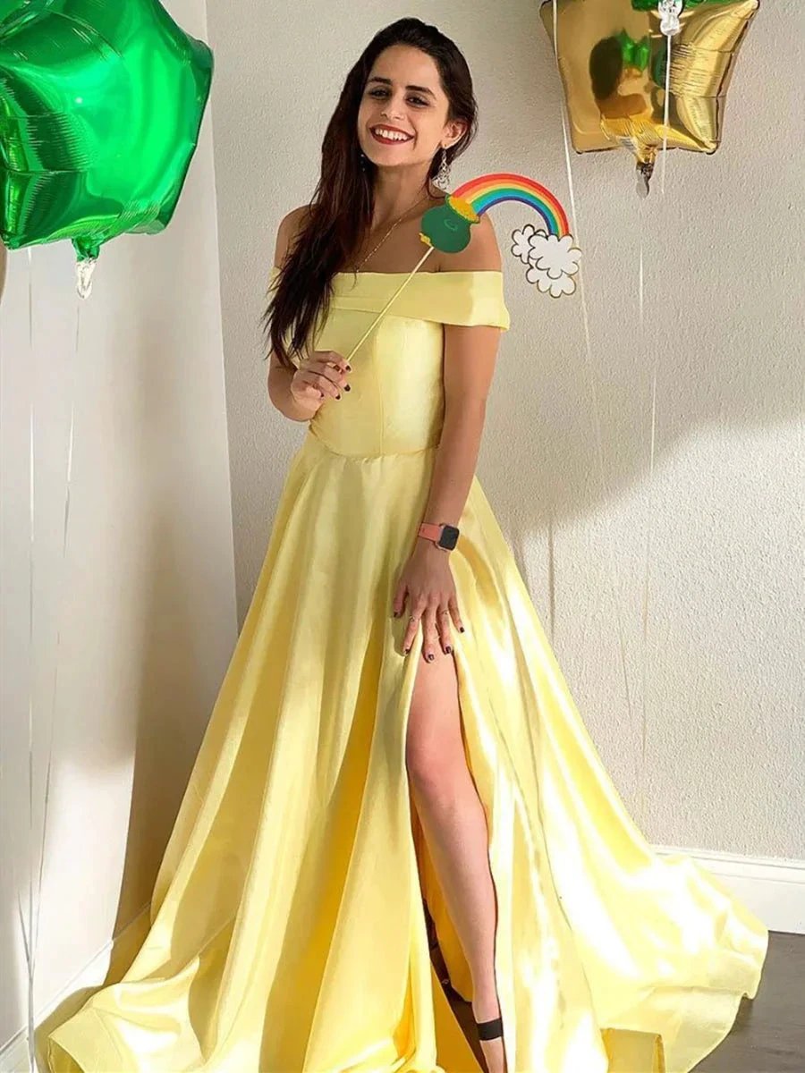 Simple A-line Off Shoulder Satin Long Prom Dresses with Slit