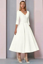 Simple A-line Short V-Neck Long Sleeves Satin Wedding Dresses