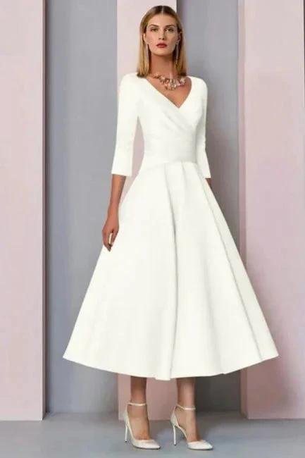 Simple A-line Short V-Neck Long Sleeves Satin Wedding Dresses