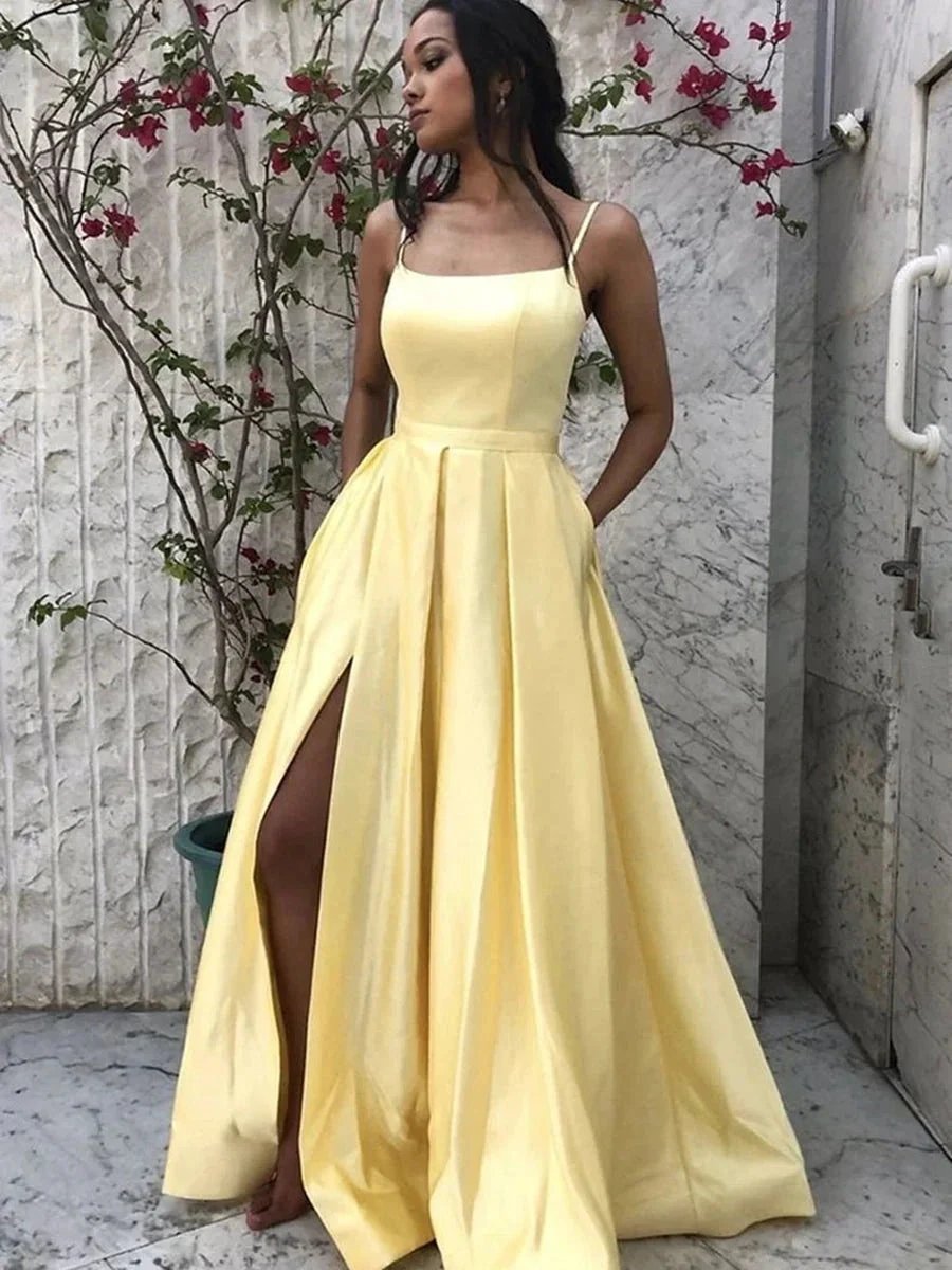 Simple A Line Spaghetti Straps Satin Long Front Slit Prom Dresses with Pockets