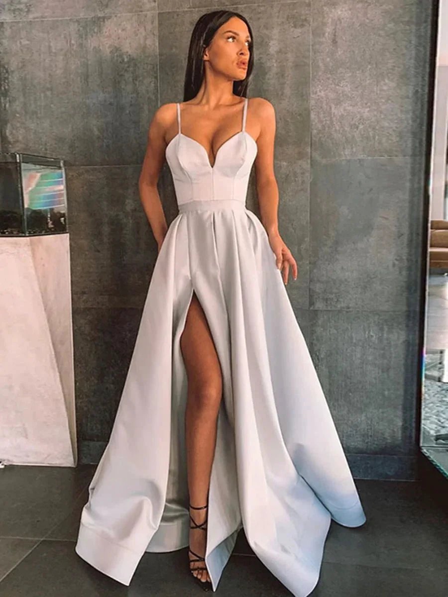 Simple A Line Sweetheart Satin Spaghetti Straps Long Prom Dresses with Slit