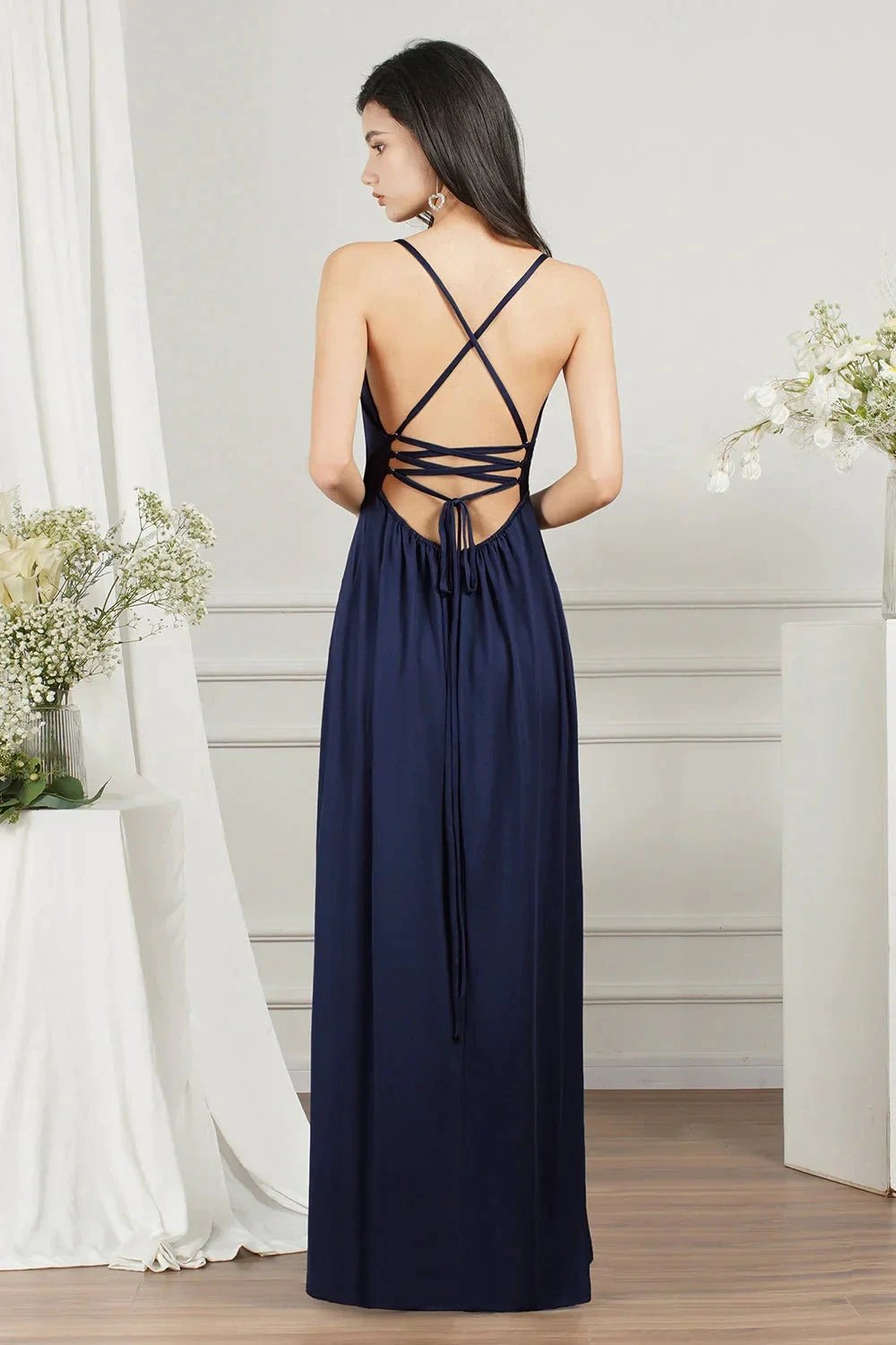 Simple A-line V-neck Backless Long Prom Dress With Slit