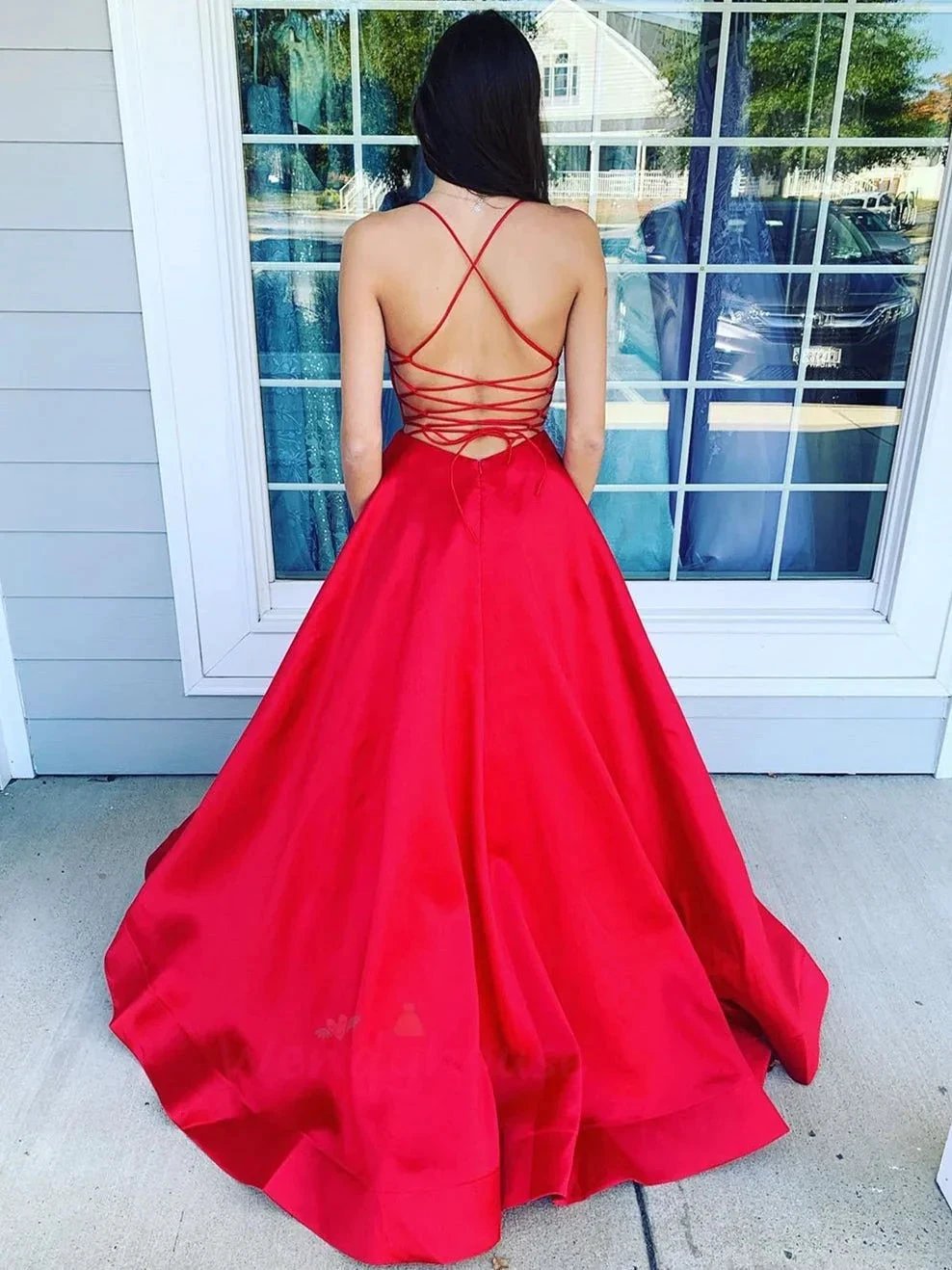 Simple A-line V Neck Backless Satin Long Formal Prom Dresses with Pockets