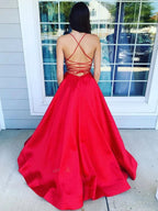 Simple A-line V Neck Backless Satin Long Formal Prom Dresses with Pockets