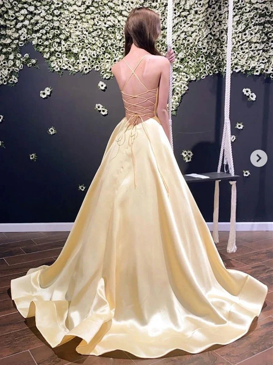 Simple A Line V Neck Backless Satin Long Prom Formal Dresses
