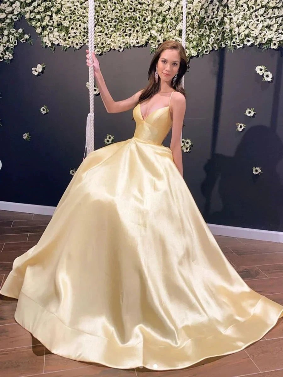 Simple A Line V Neck Backless Satin Long Prom Formal Dresses
