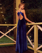 Simple A-line V-neck Open Back Velvet Long Prom Dress