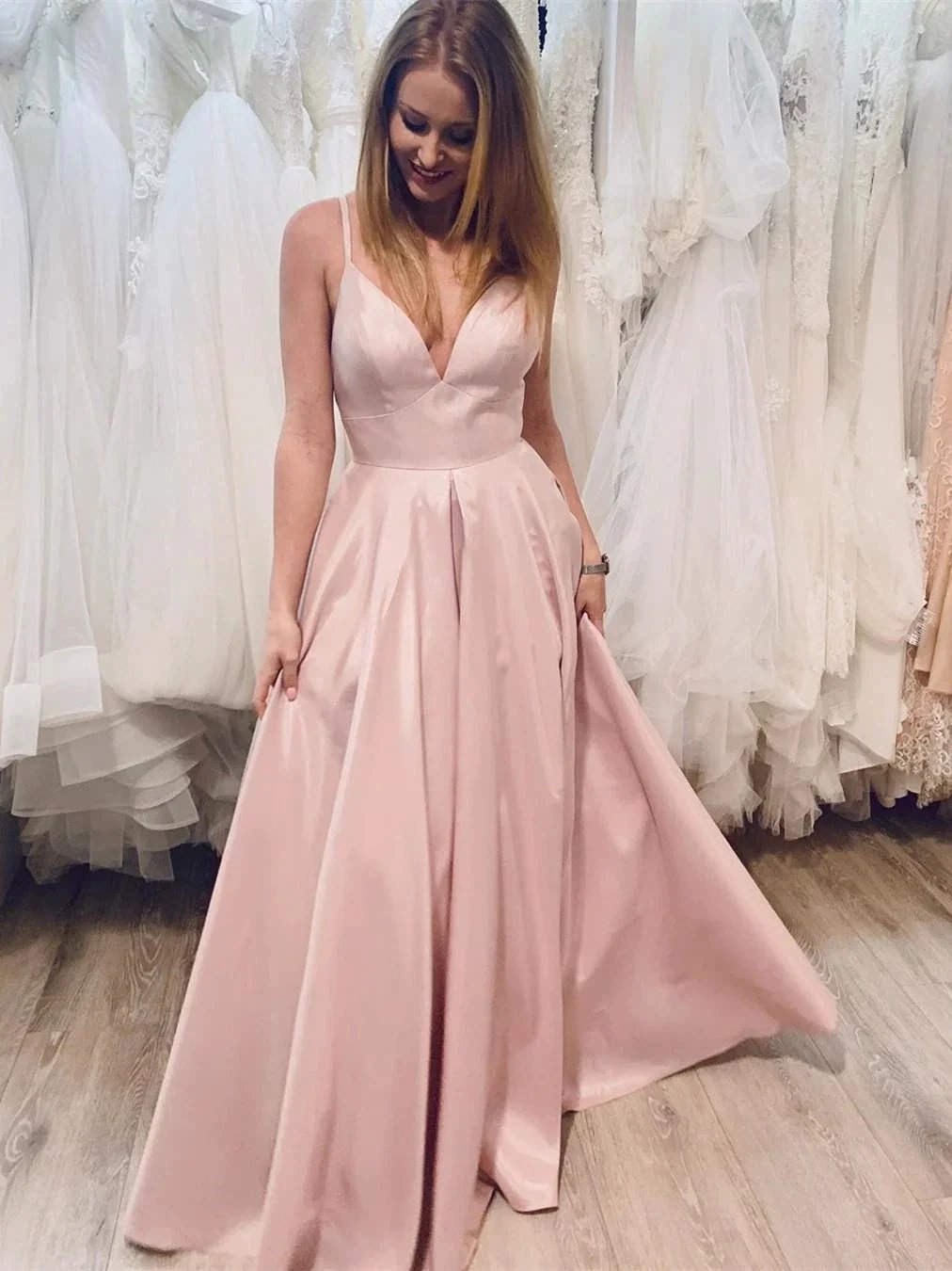 Simple A-line V Neck Satin Sleeveless Long Prom Formal Graduation Evening Dresses