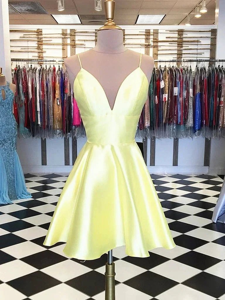 Simple A Line V Neck Yellow Satin Short Prom Homecoming Dresses