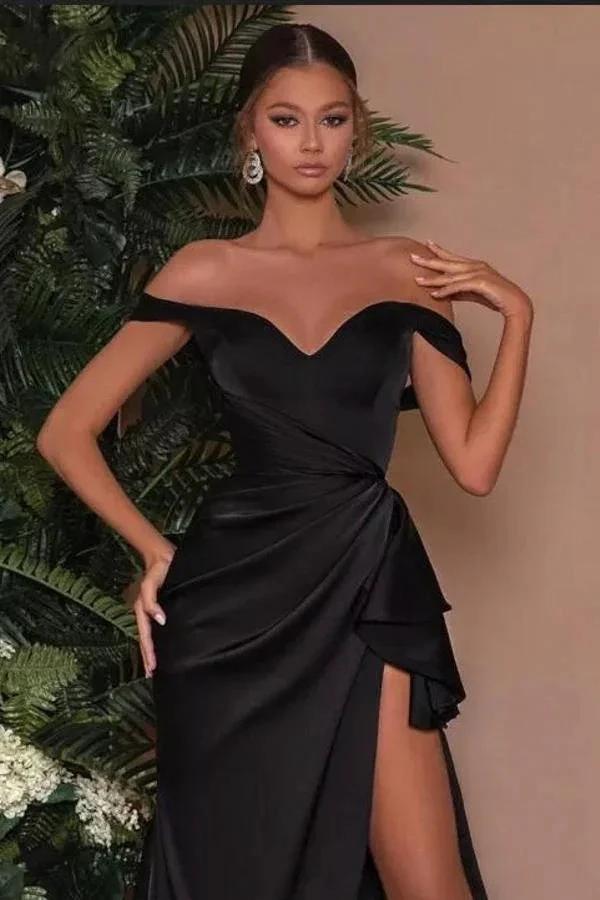Simple Black Long Mermaid Off-the-shoulder Prom Dress with Slit