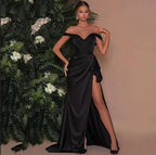 Simple Black Long Mermaid Off-the-shoulder Prom Dress with Slit