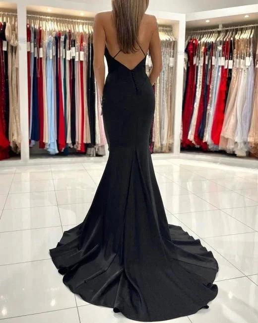Simple Black Long Spaghetti Straps Mermaid Prom Dresses