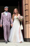 Simple Boho A-line V-neck Backless Sleeveless Wedding Dresses With Lace