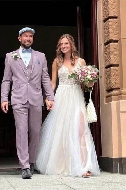 Simple Boho A-line V-neck Backless Sleeveless Wedding Dresses With Lace