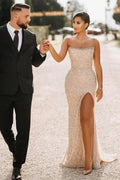 Simple Champagne Strapless Sequins Column Prom Dresses with Slit