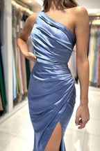 Simple Dusty Blue Long One Shoulder Sleeveless Prom Dresses With Slit