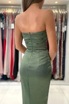Simple Green Strapless Sleeveless Mermaid Elastic Woven Satin Floor-Length Prom Dresses