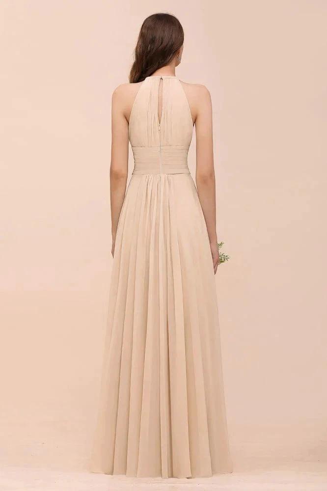 Simple Halter Champagne Slim Long Bridesmaid Dress