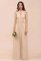Simple Halter Champagne Slim Long Bridesmaid Dress