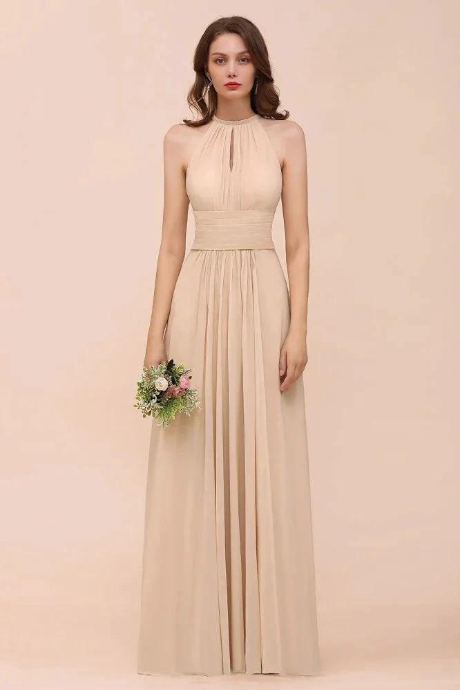 Simple Halter Champagne Slim Long Bridesmaid Dress