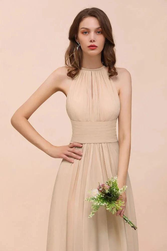 Simple Halter Champagne Slim Long Bridesmaid Dress