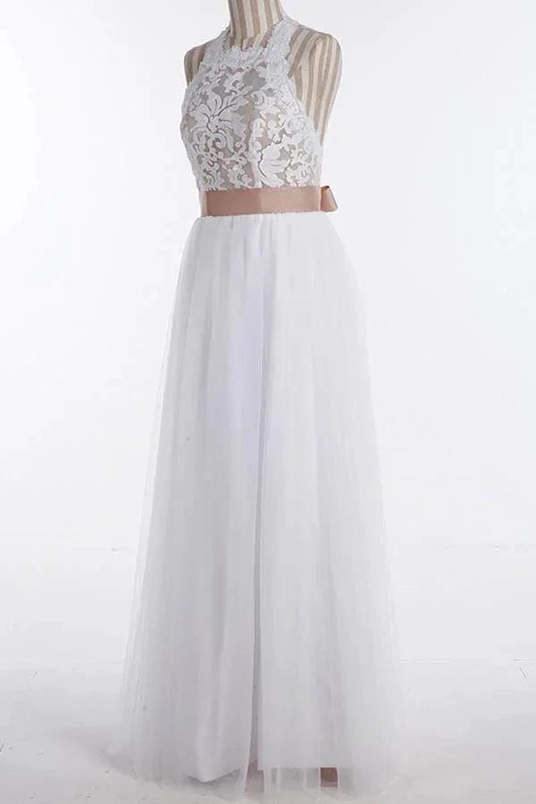 Simple Jewel Sleeveless Floor-Length Lace Top Wedding Dress WD098