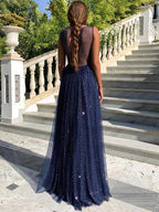 Simple Long A-line Bateau Sequin Prom Dress