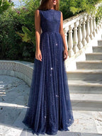 Simple Long A-line Bateau Sequin Prom Dress