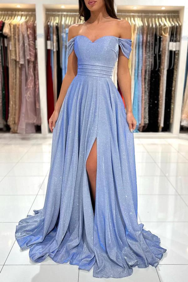 Simple Long A-line Off The shoulder Glitter Prom Dress with Slit