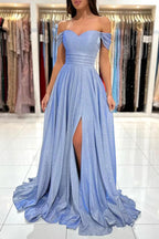 Simple Long A-line Off The shoulder Glitter Prom Dress with Slit