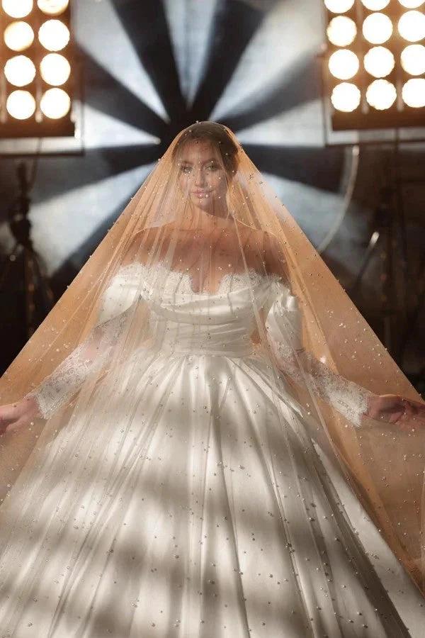 Simple Long A-line Off-the-shoulder Princess Satin Lace Wedding Dresses With Long Sleeves