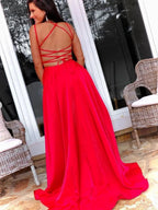 Simple Long A-line Open Back Satin Front Slit Formal Prom Dresses with Cross Back