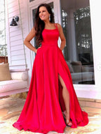 Simple Long A-line Open Back Satin Front Slit Formal Prom Dresses with Cross Back