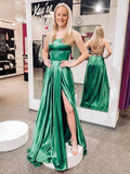Simple Long A-line Satin Backless Prom Dresses with High Slit