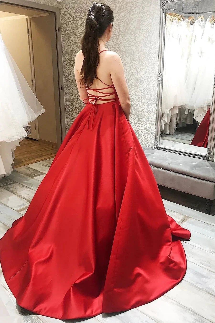 Simple Long A-line Spaghetti Straps Backless Satin Prom Formal Graduation Dresses