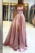 Simple Long A-line Spaghetti Straps Open Back Prom Dress with Slit