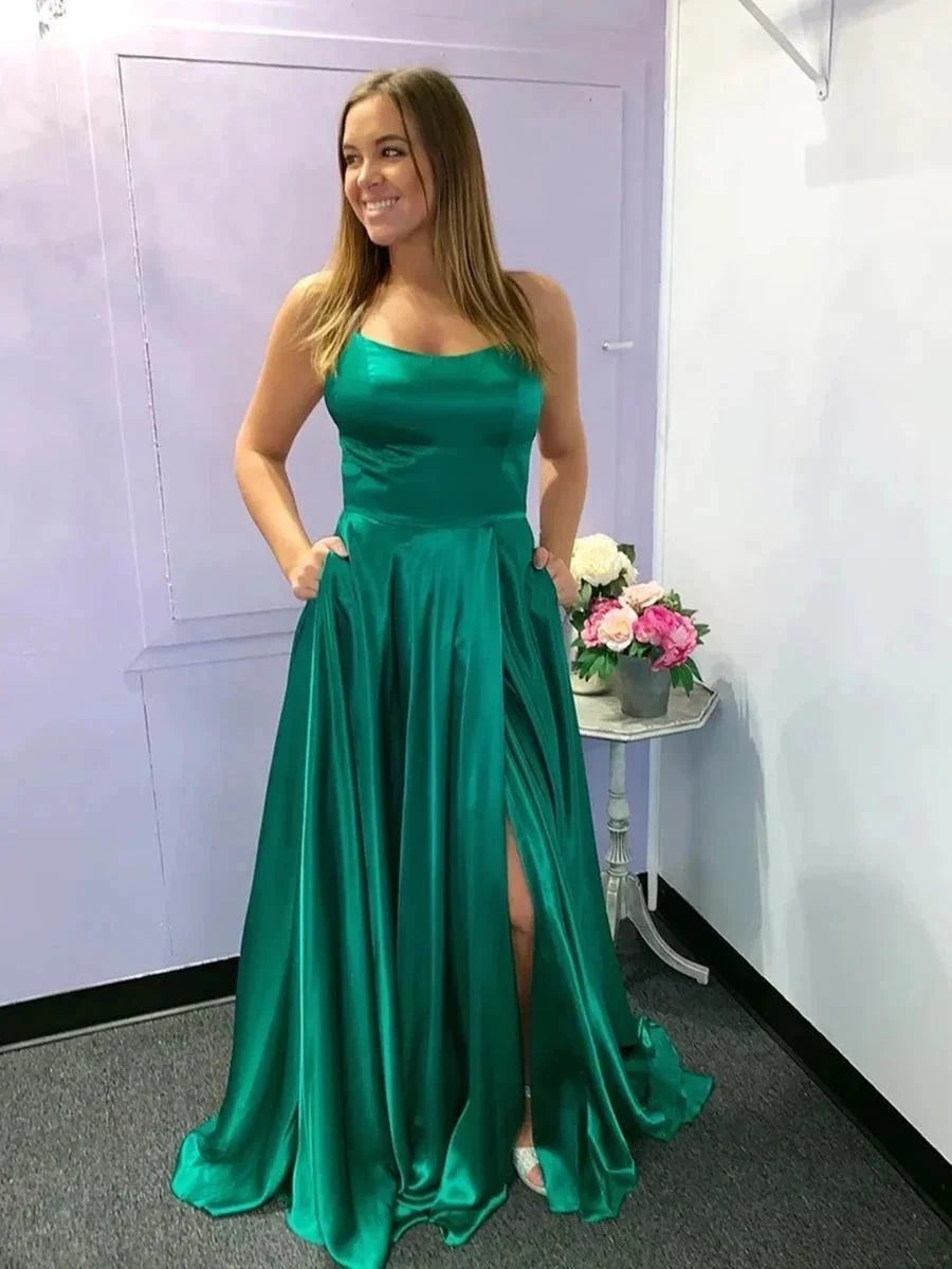Simple Long A-line Spaghetti Straps Satin Front Slit Prom Dresses with Pockets
