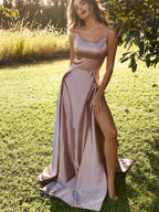 Simple Long A-line Spaghetti Straps Satin Open Back Prom Dresses with Leg Slit
