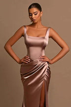 Simple Long A-line Straps Satin Sleeveless Prom Dress With Slit