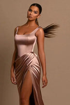 Simple Long A-line Straps Satin Sleeveless Prom Dress With Slit