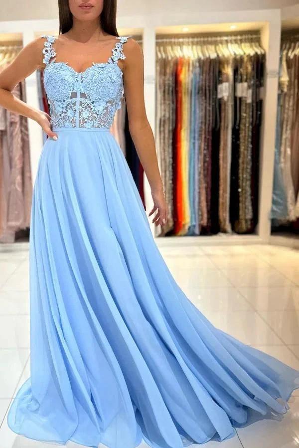 Simple Long A-line Sweetheart Chiffon Lace Backless Prom Dress with Slit