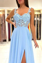 Simple Long A-line Sweetheart Chiffon Lace Backless Prom Dress with Slit