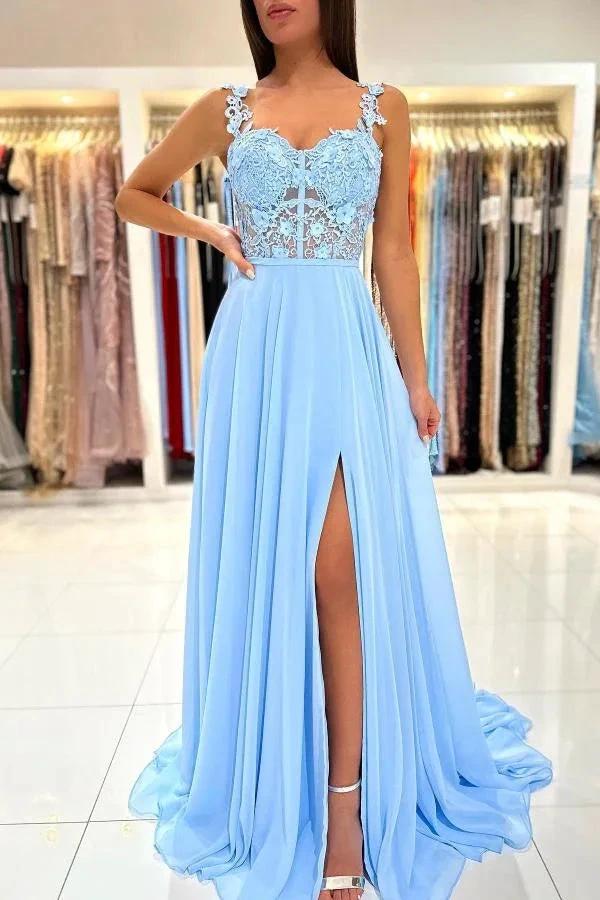 Simple Long A-line Sweetheart Chiffon Lace Backless Prom Dress with Slit