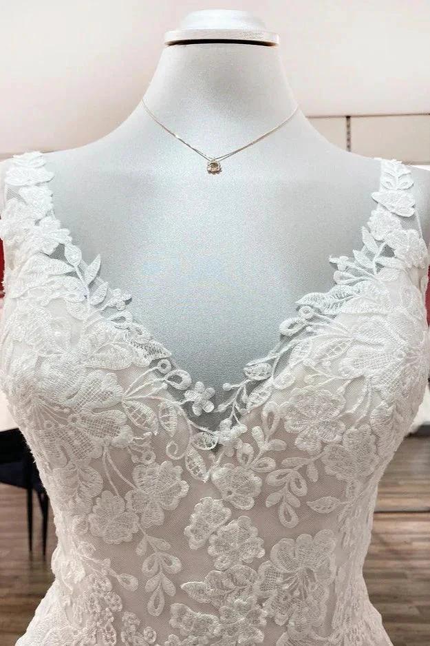 Simple Long A-line Tulle Lace V Neck Appliques Lace Open Back Wedding Dress